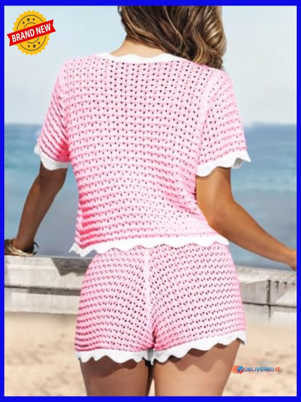 Crochet Cover Up 2 Piece Swimsuit Set Boho Beach Vacation Outfit - Picture 3 of 6